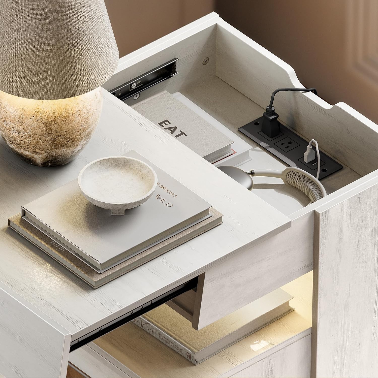 Nightstand with Charging Station and LED Lights, Night Stand with Sliding Top, Wood Modern Bedside End Table with Storage Drawer and Front Storage for Bedroom, White