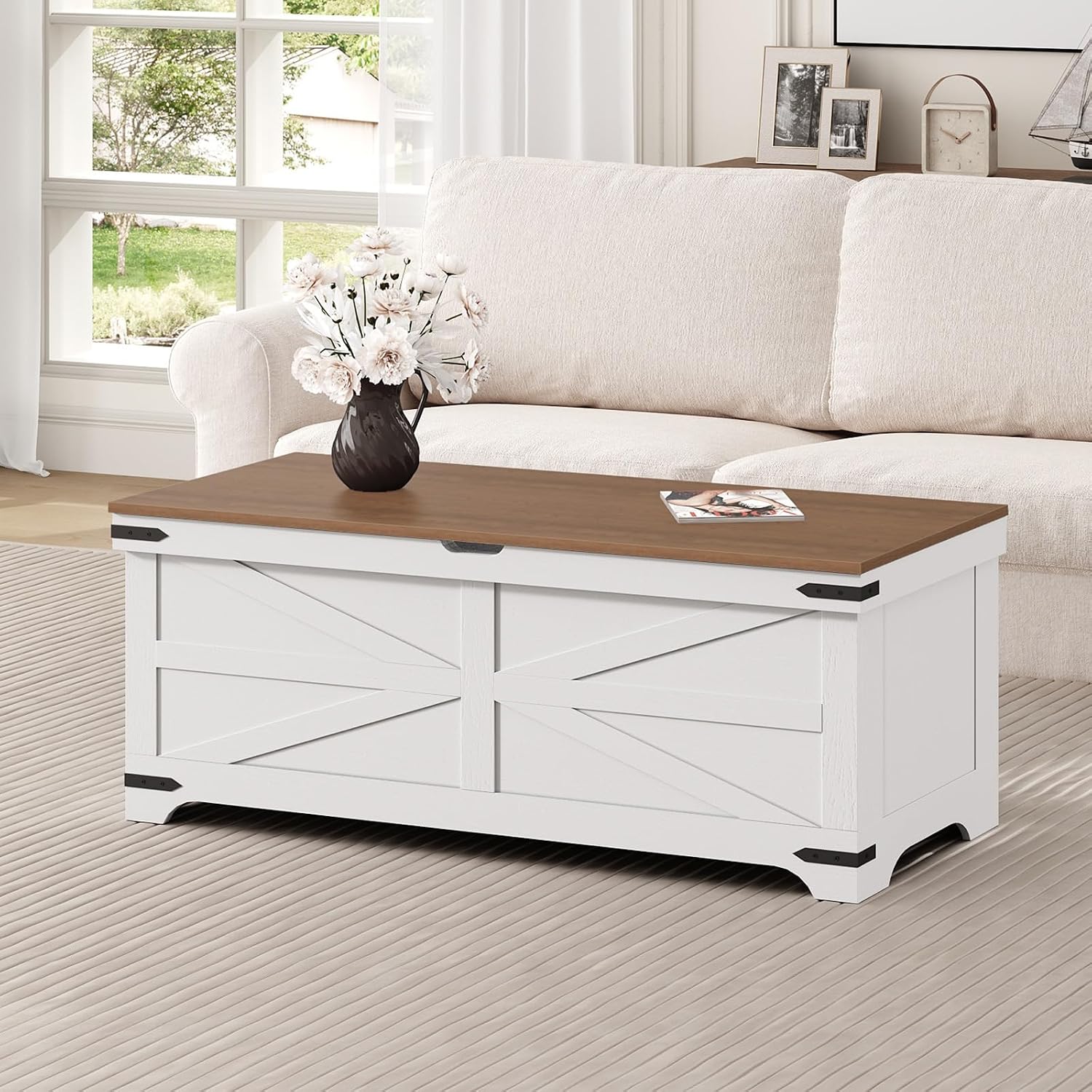 MAHANCRIS Large Toy Chest, 47.2" Wooden Toy Box with 2 Safety Hinges, Farmhouse Style Storage Bench, Blanket Storage Chest for Living Room, Entryway, Bedroom, White+Walnut SCBZ18601