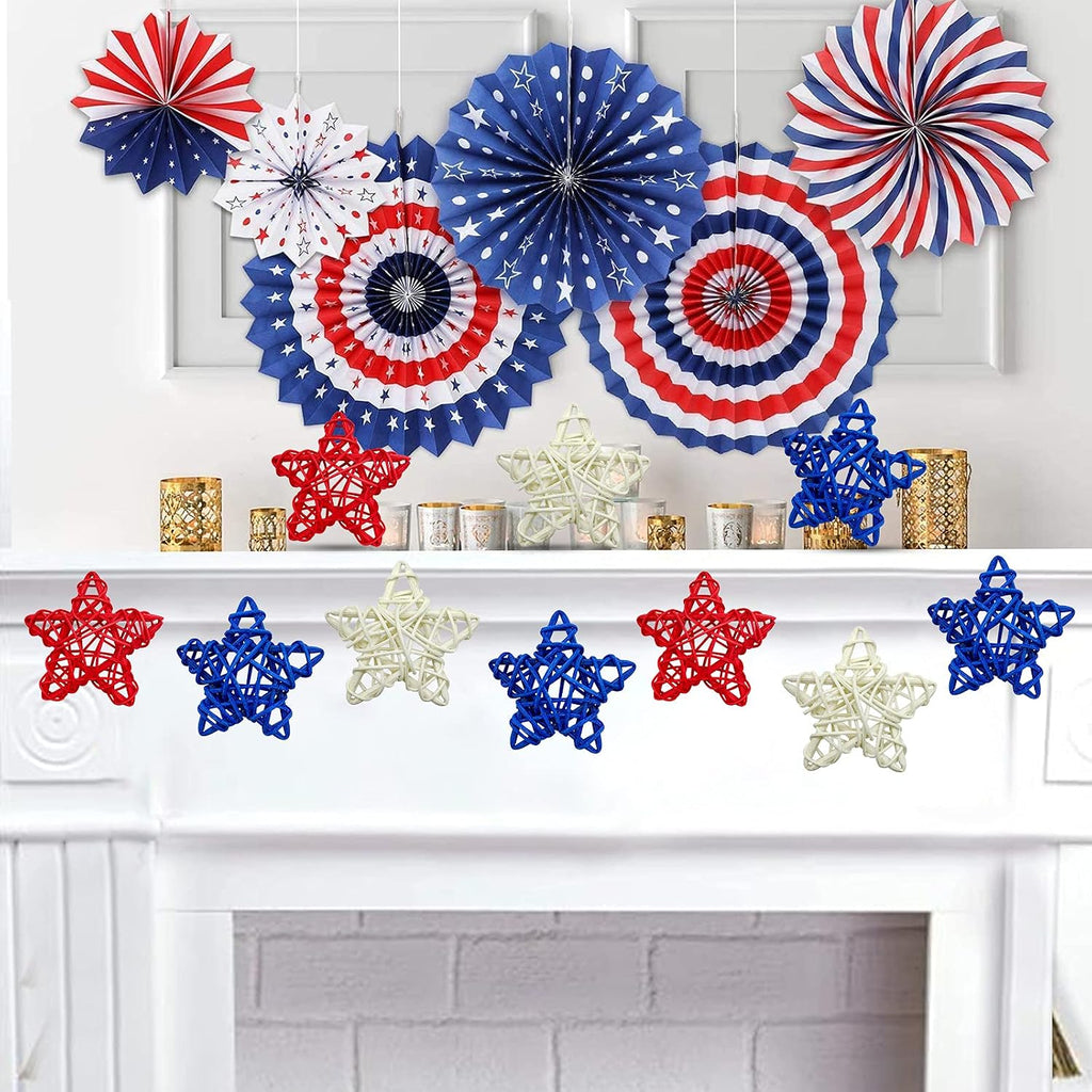 EBaokuup 36PCS 4th of July Natural Rattan Stars, 1.96 Inch Red White and Blue Wicker Rattan Stars for Independence Day Home Decor DIY Craft Vase Bowl Filler Table Decoration