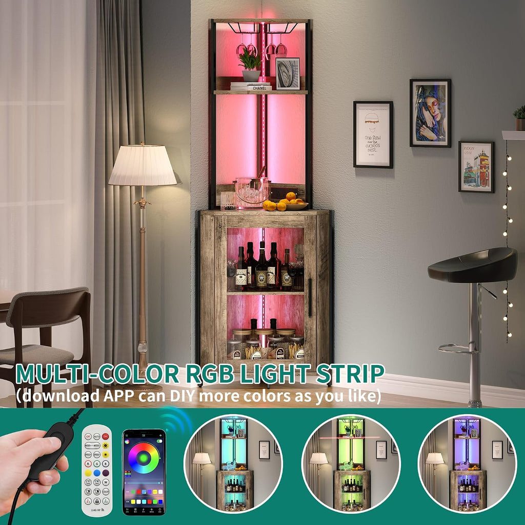 YITAHOME Corner Wine Cabinet with Power Outlets & LED Lights, Corner Bar Cabinet with Glass Holder, Liquor Bar Rack Cabinet for Living Room, Dining Room, Kitchen, Gray Oak