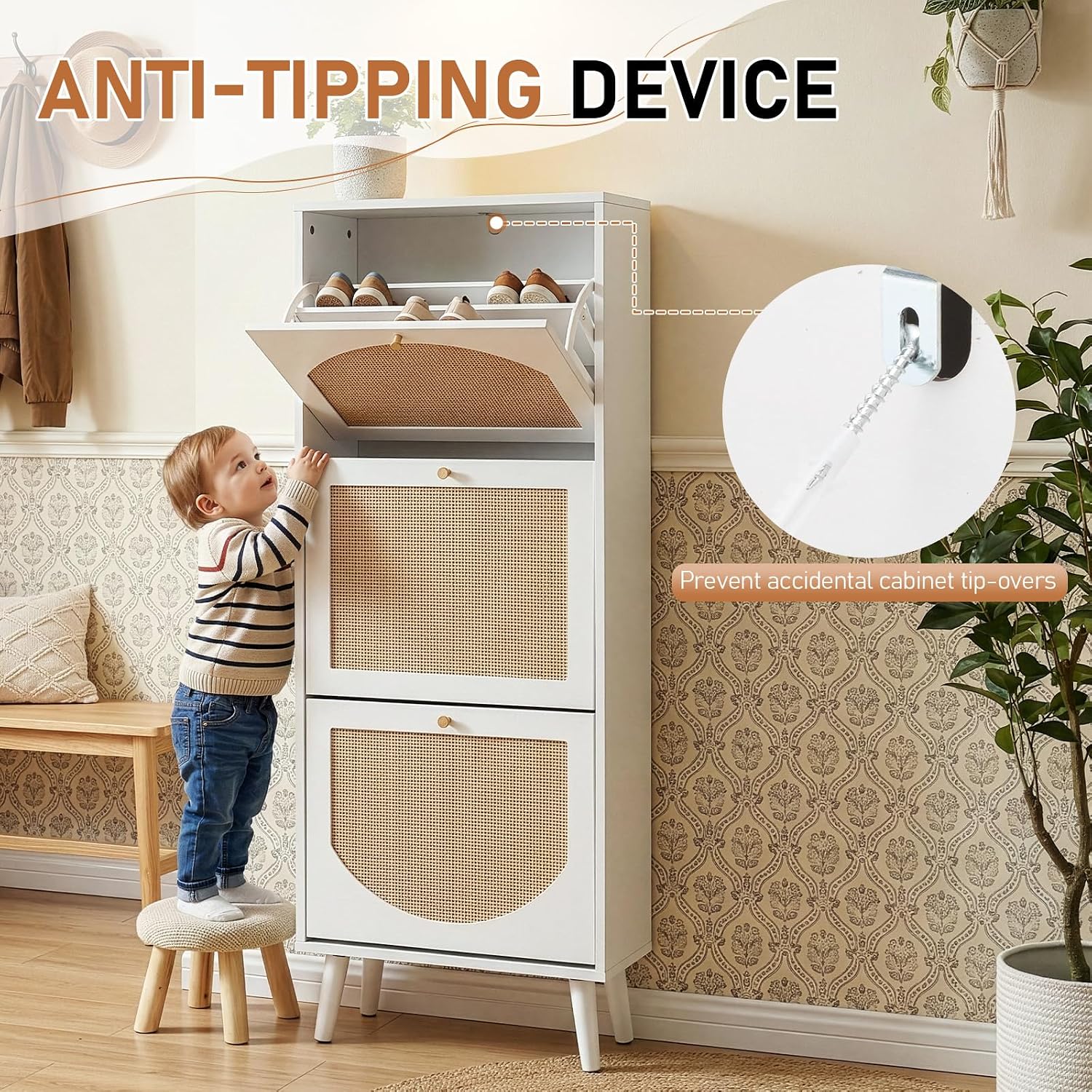 Karl home Shoe Rack Storage Organizer, Rattan-Panel 3-Tilt-Out Shoe Storage Cabinet, Hidden Shoe Storage for Entryway,Ideal for Heels,Slippers,Casual Shoes, White