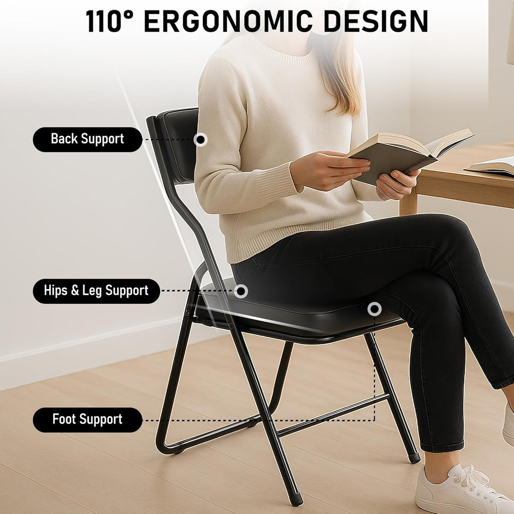 2 Pack Padded Folding Chairs with Cushion, Foldable Dining Chair Set Portable Indoor Outdoor Stackable Folding Chairs with Steel Frame for Home Office Events Wedding Party Black