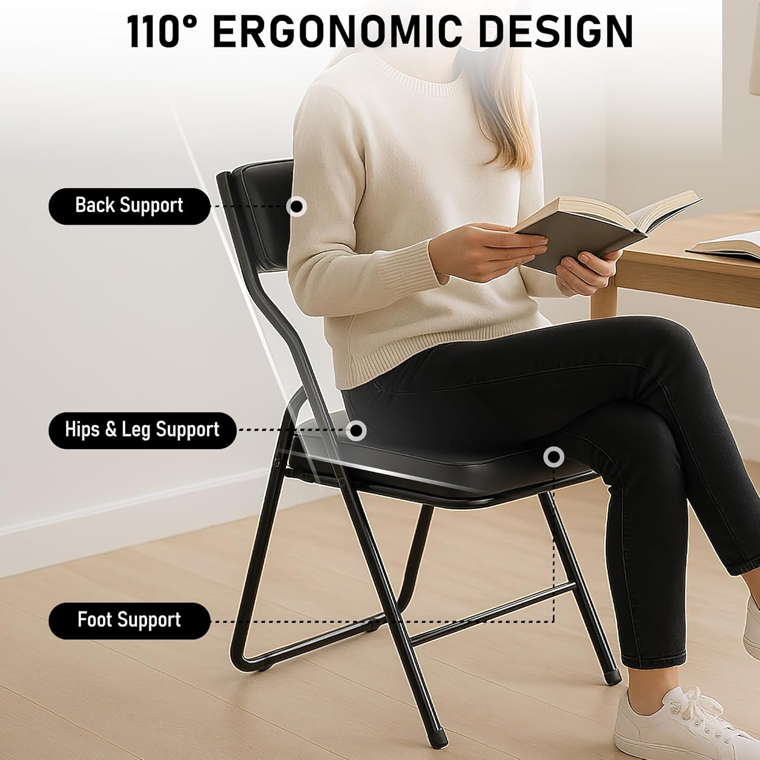 2 Pack Padded Folding Chairs with Cushion, Foldable Dining Chair Set Portable Indoor Outdoor Stackable Folding Chairs with Steel Frame for Home Office Events Wedding Party Black