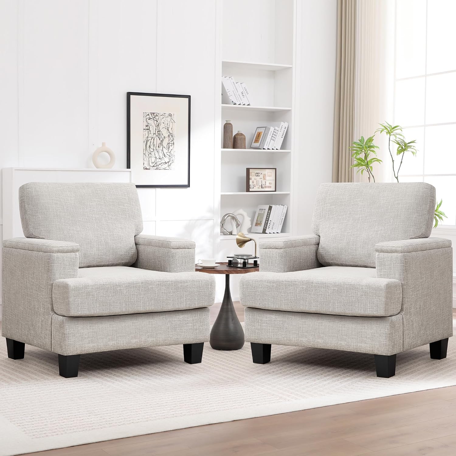 Accent Chairs Set of 2 with Armrest Storage, Modern Reading Living Room Chair, Upholstered Comfy Large Armchairs, Fabric Single Sofa Chair for Bedroom (Beige)