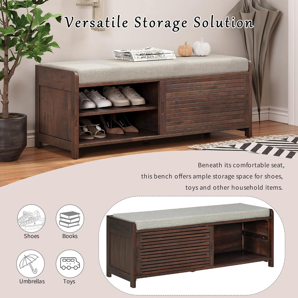 Ball & Cast Entryway Storage Bench with Shutter Doors, 43.3" Wooden Shoes Organizer, Modern Movable Upholstered Seat Entryway Shoe Rack Cabinet for Hallway Living Room, Espresso