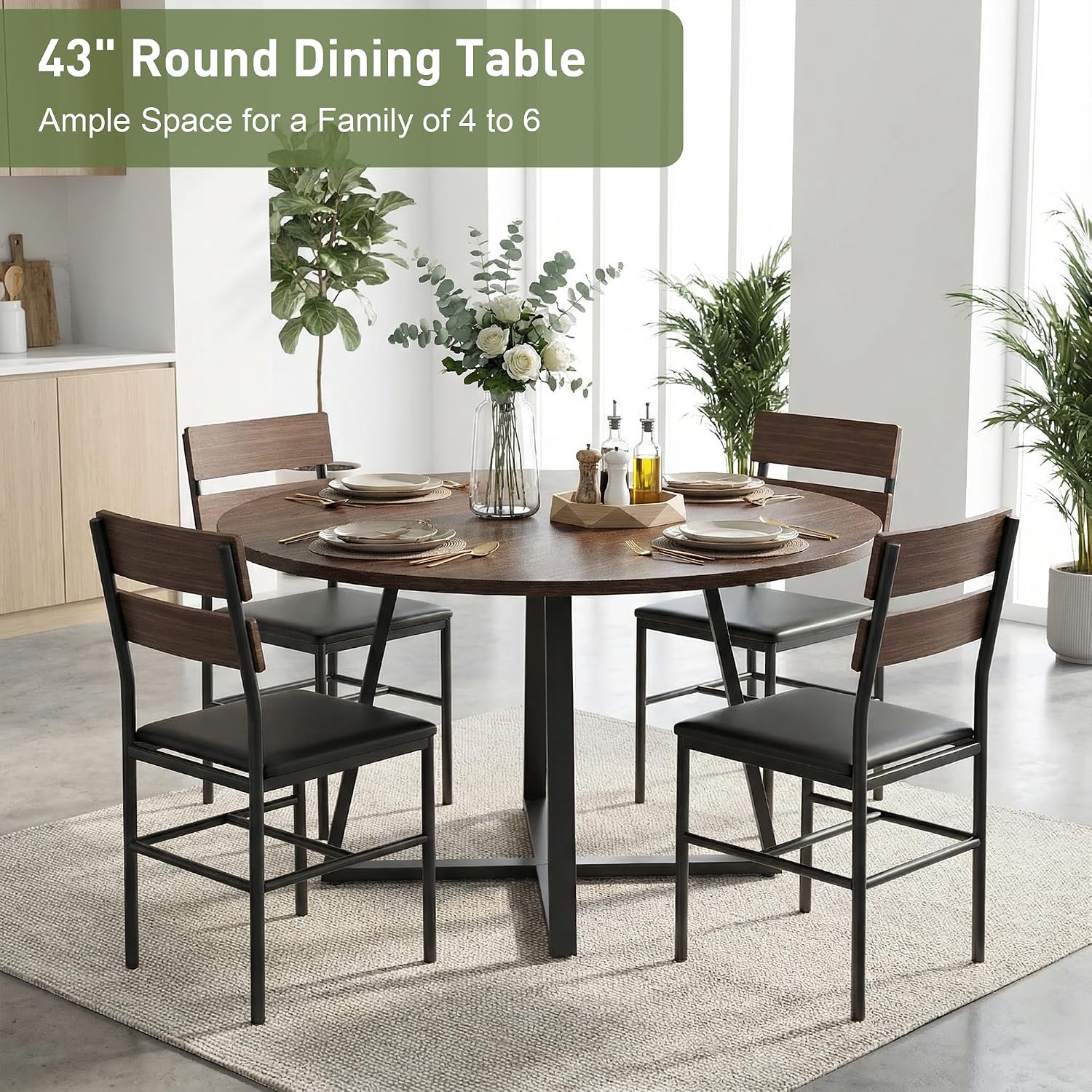 knoworld Round Dining Table for 4-6 with Storage Shelf, Kitchen & Dining Room Circle Pedestal Table, Heavy Duty Metal Frame & Wood Top
