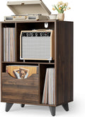 Bikoney Mid-century Modern Record Player Stand with Vinyl Storage Drawer – Wooden Turntable Side Table for All Record Players and Speakers, Large LP Storage Cabinet for Living Room, Bedroom, or Office