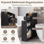 COSTWAY Slim Bathroom Cabinet, 7" Wide Space-Saving Storage with 2-Tier Slide-Out Drawer, Shelf & Toilet Paper Holder, Freestanding Narrow Organizer for Bathroom, Laundry & Small Spaces (Black)