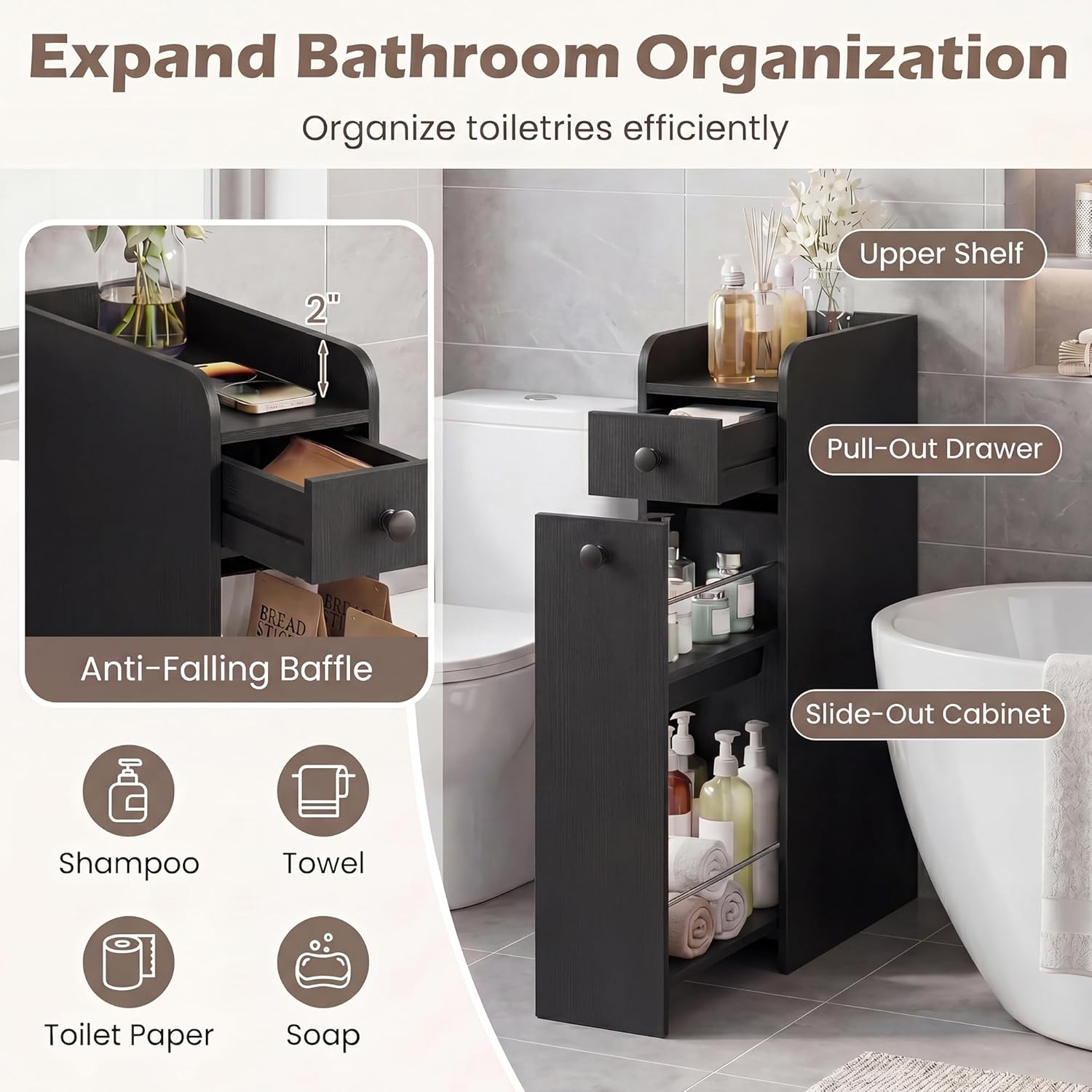 COSTWAY Slim Bathroom Cabinet, 7" Wide Space-Saving Storage with 2-Tier Slide-Out Drawer, Shelf & Toilet Paper Holder, Freestanding Narrow Organizer for Bathroom, Laundry & Small Spaces (Black)