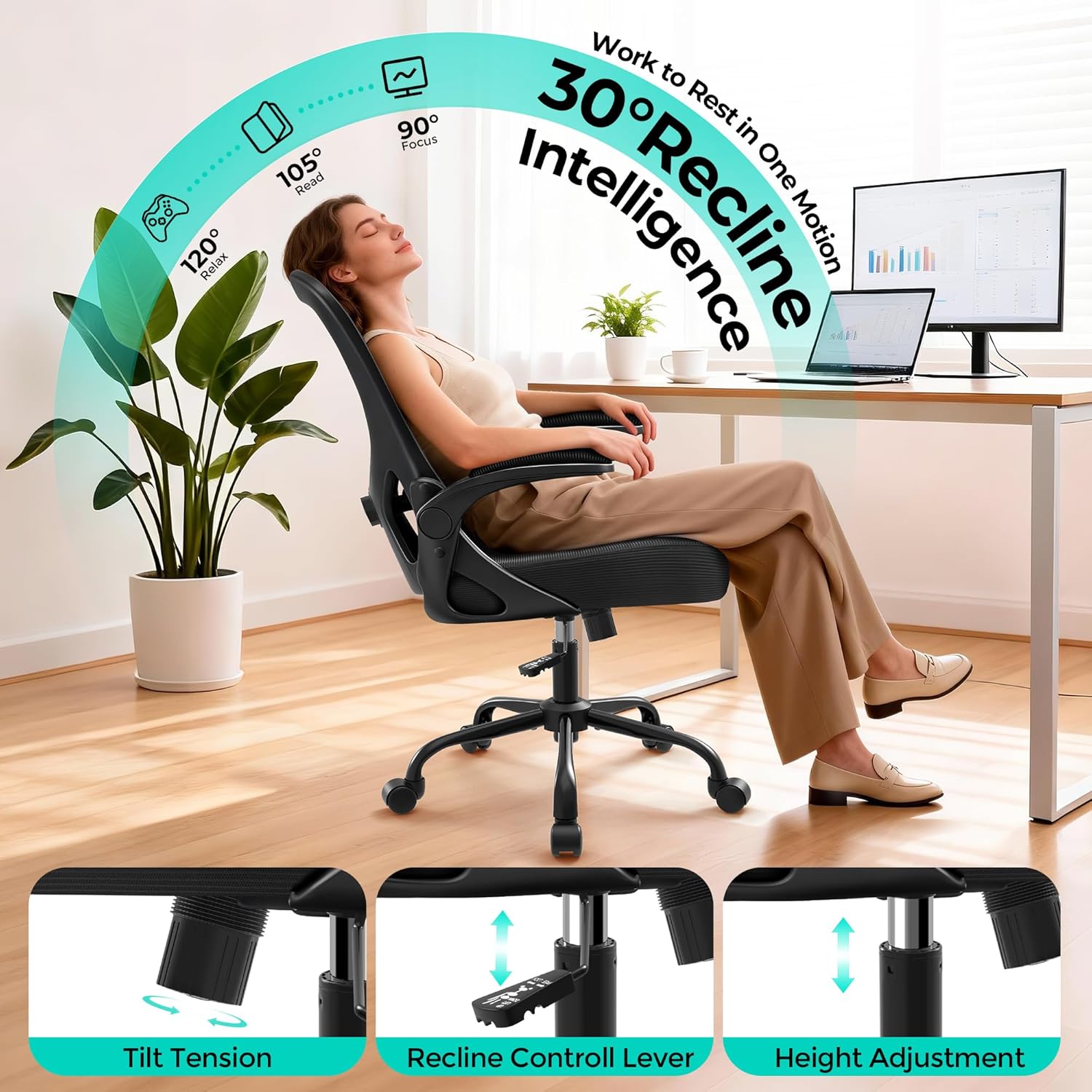 AreShark Office Chair - Ergonomic Breathable Mesh Desk Chair with Adjustable Lumbar Support and Flip-up Armrests - Executive High Back Rolling Swivel Comfortable Computer Gaming Chair for Home Office
