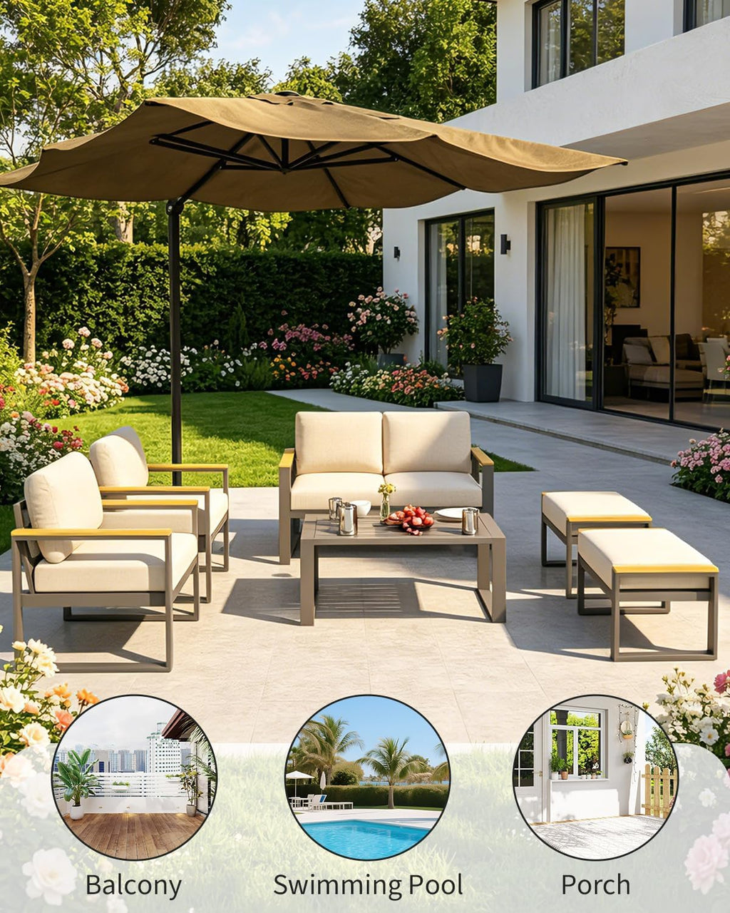 All-Weather Rust-Resistant Aluminum Patio Armchairs Set of 2 – Upgraded Cushions – Sturdy Metal Outdoor Seating for Balcony, Garden, Deck, Backyard – Beige