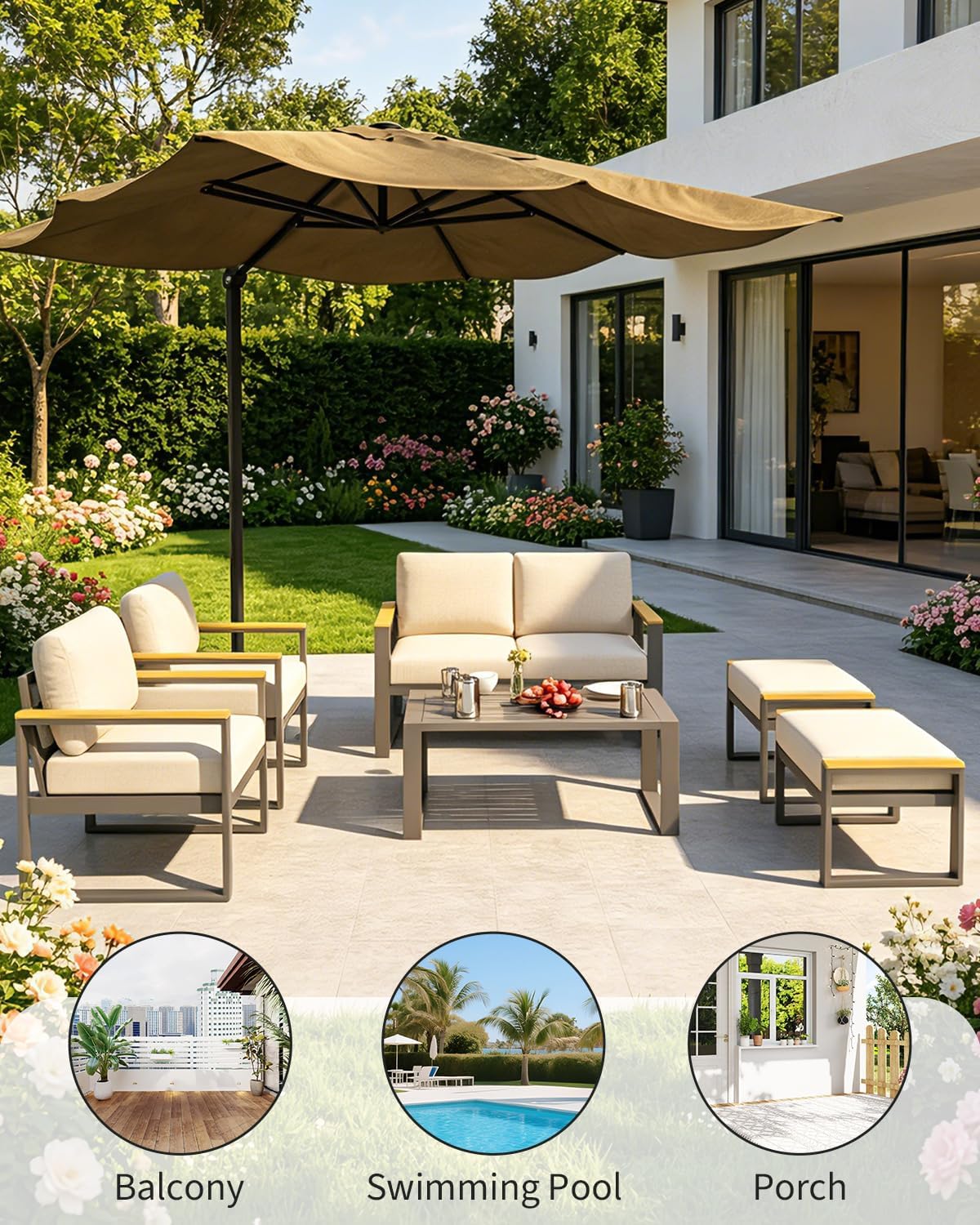 All-Weather Rust-Resistant Aluminum Patio Armchairs Set of 2 – Upgraded Cushions – Sturdy Metal Outdoor Seating for Balcony, Garden, Deck, Backyard – Beige