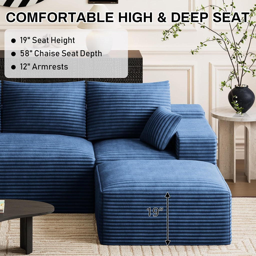 Modular Sectional Sofa Cloud Couch, 108'' Comfy U Shaped Sectional Couches for Living Room, Deep Seat Cozy Fluffy Corduroy Boneless Couch Sectionals Sofa with Movable Ottomanm, Blue