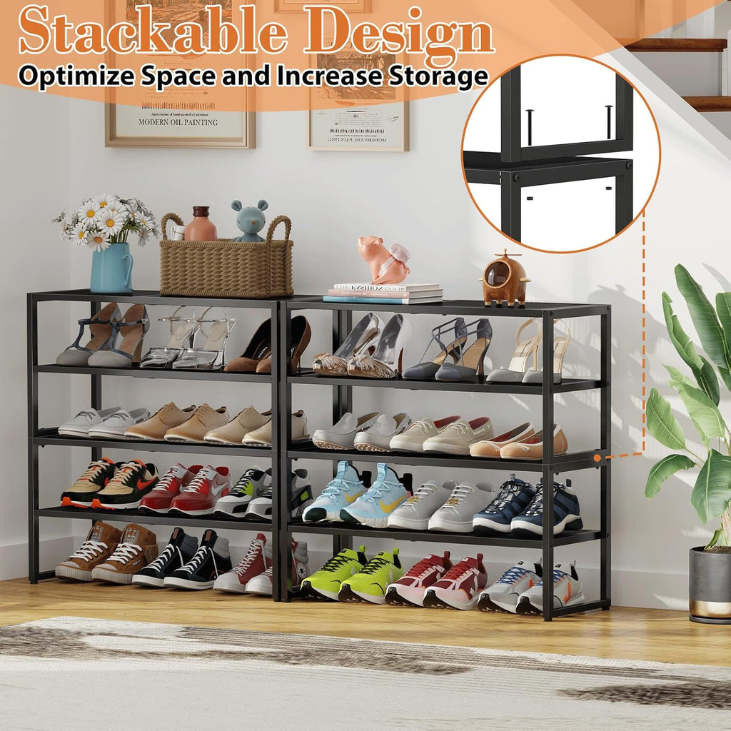 2 Tier Shoe Rack Organizer for Closet and Entryway, Expandable & Stackable Metal Shoe Storage Shelf, Adjustable Small Shoe Rack (17.52-28.74 in), Black