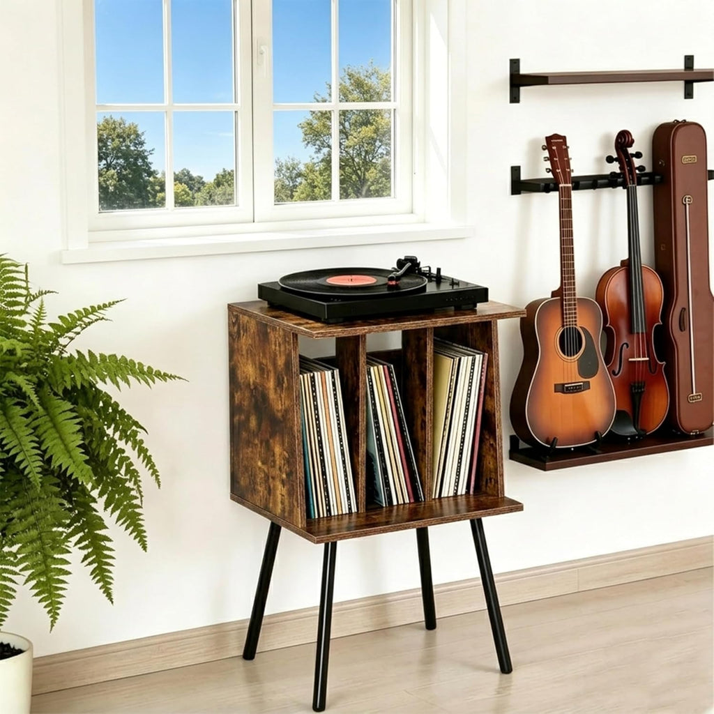 Record Player Table, Vinyl Record Stand, Vinyl Record Holder with Legs, Mid Century Modern Side Table for Record, Magazine, Books