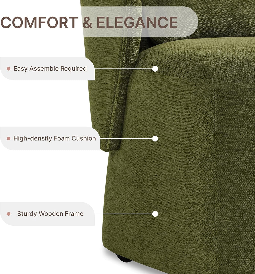KISLOT Upholstered Dining Chairs with Wheels, Easy Assembly Stain Resistant Fabric Modern Barrel Armchair with Lumbar Cushion, Dining Room Chairs for Kitchen Living Room Bedroom, Green, Set of 2