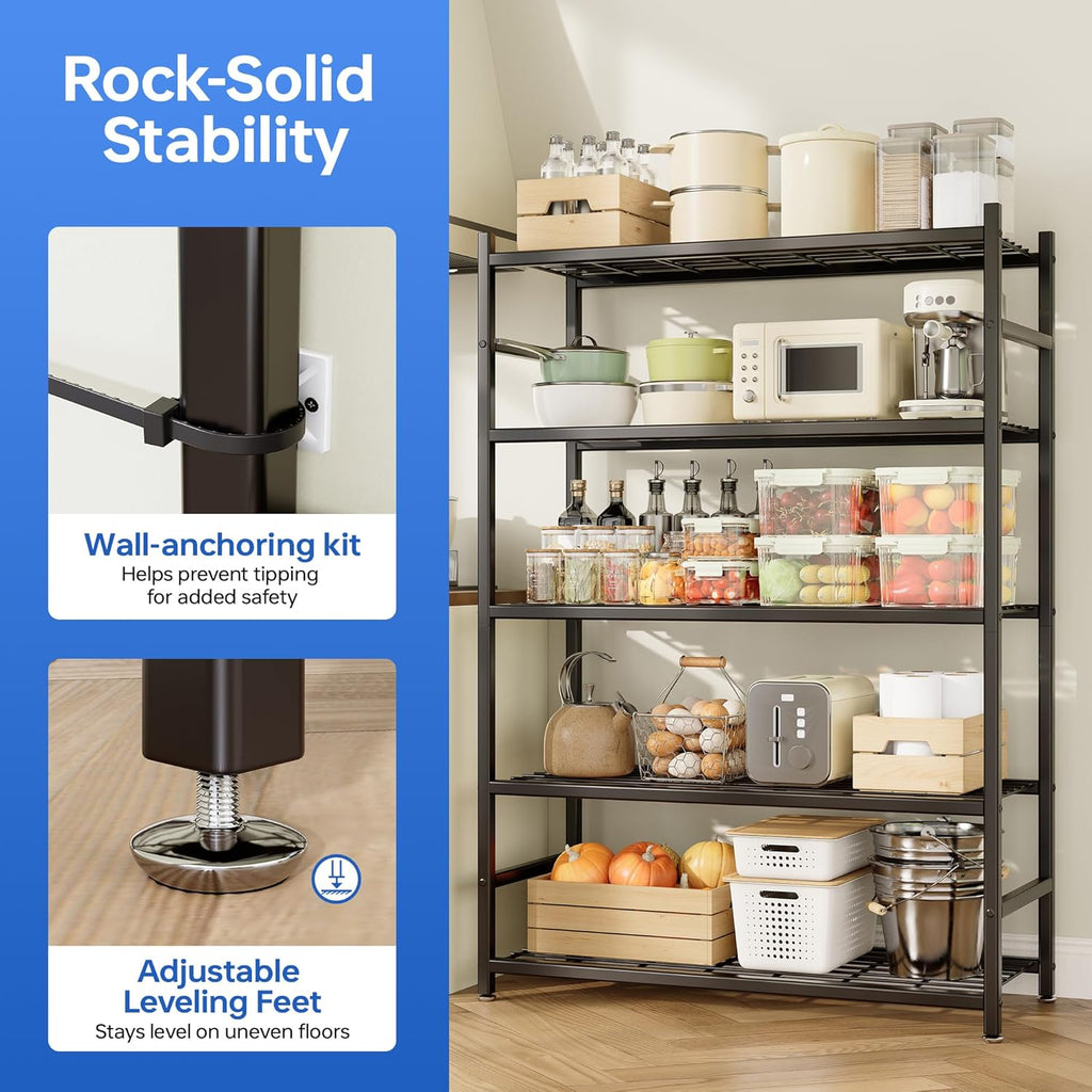 36.4" W Storage Shelves, 5-Tier Metal Shelving Unit with Adjustable Feet, Shelf Organizer for Garage, Kitchen, Pantry and Closet Organization, 36.4" x 11.8" x 68.3", Black