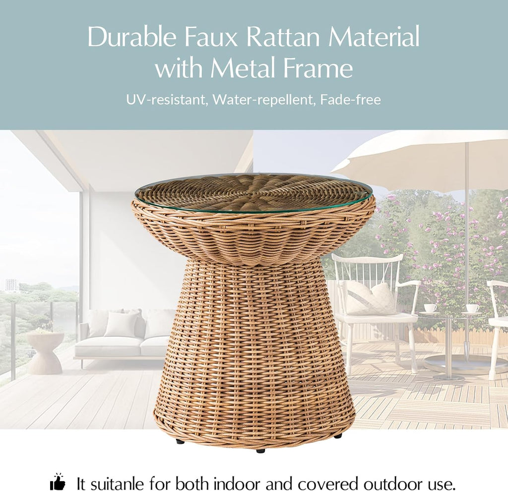 HULALA HOME 20.75" Rattan End Table with Glass Top, Geometric Nightstand for Bedroom, Accent Table with Open Storage for Indoor Outdoor Living Room, No Assembly Required, Natural