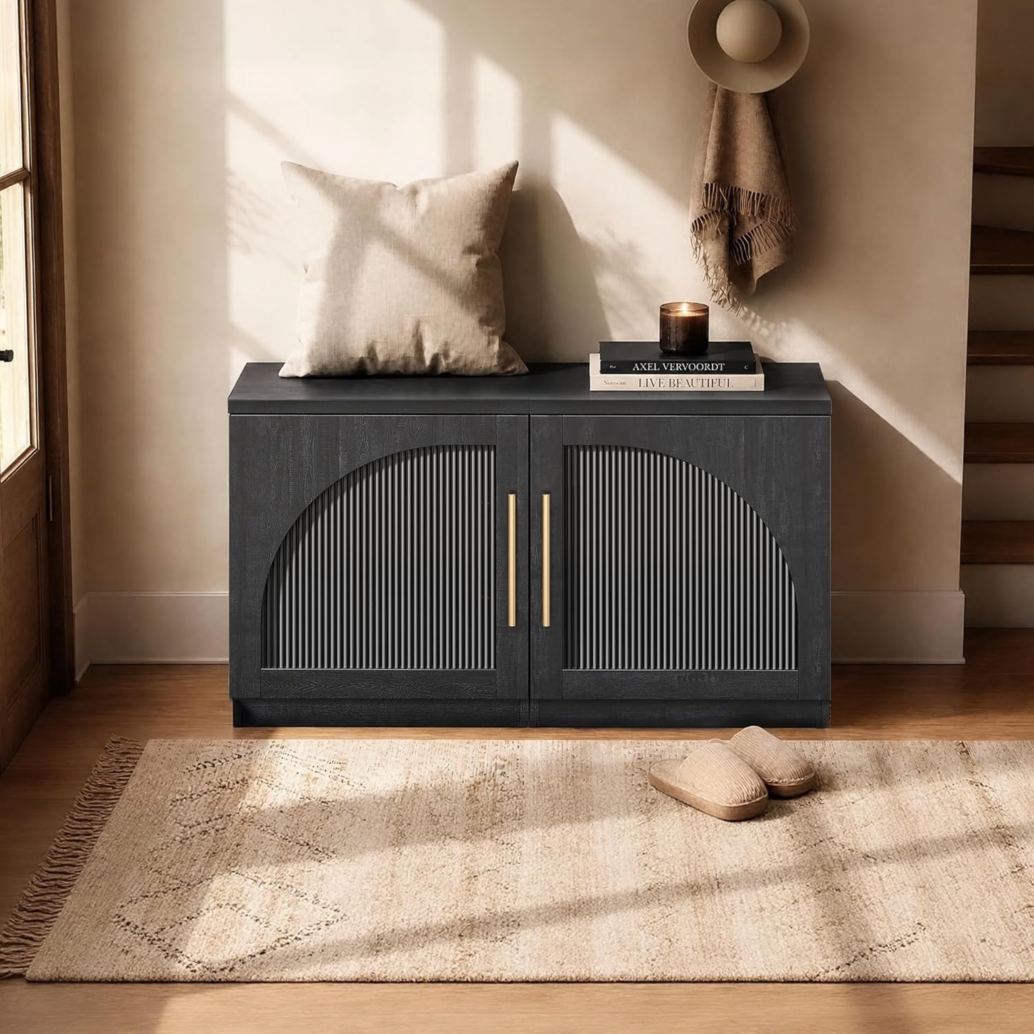 ModernMate Set of 2 Nightstands, 37" Modular Accent End Tables with Arched Door and Open Shelves, Wood Grain Bedside Side Tables for Living Room, Bedroom, Black