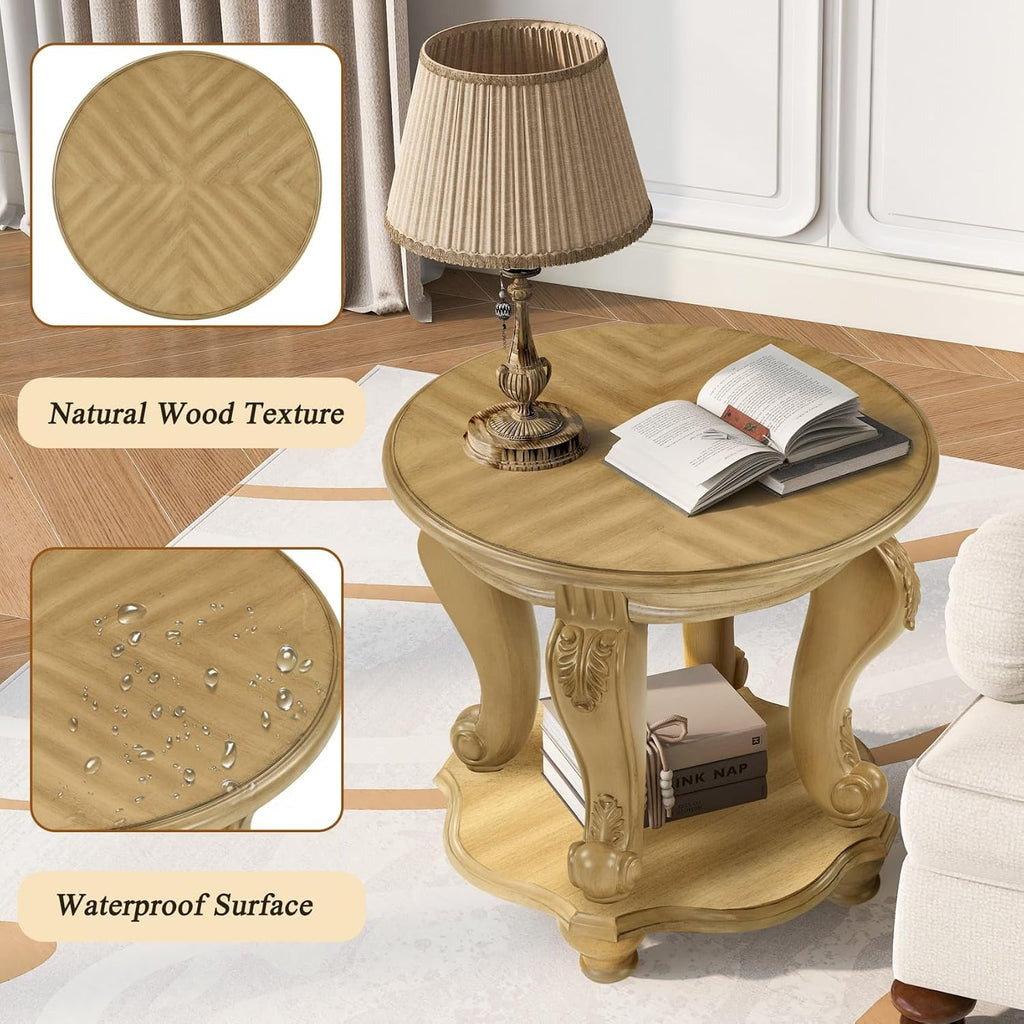 KEIKI Solid Rubber Wood Round Side End Table with Storage Shelf, Traditional Vintage Couch Sofa Bedside Table Night Stand for Living Room Bedroom, Espresso