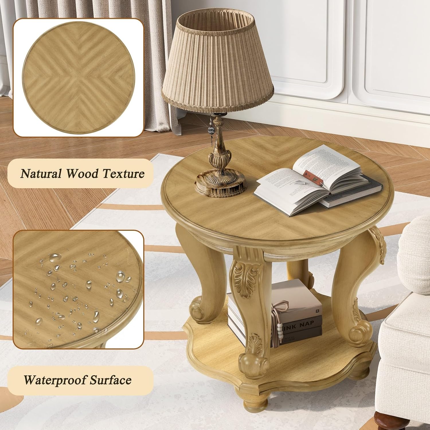KEIKI Solid Rubber Wood Round Side End Table with Storage Shelf, Traditional Vintage Couch Sofa Bedside Table Night Stand for Living Room Bedroom, Espresso