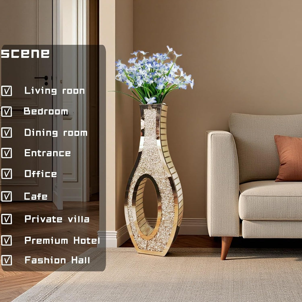 30" Tall Double Sided Crushed Diamond Floor Vases, Large Hollow Out Dustproof Vase for Living Room, Floor Vases Decorative Tall for Home,Office,Hotel(11.8" L x 5.37" W x 30" H)