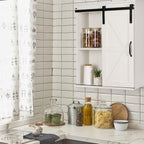 RUSTOWN Farmhouse Wood Wall Storage Bathroom Cabinet with Sliding Barn Door, Rustic Medicine Cabinet with Adjustable Shelf, 3-Tier Vintage Cabinet for Kitchen, Bathroom, Living Room (Vintage White)
