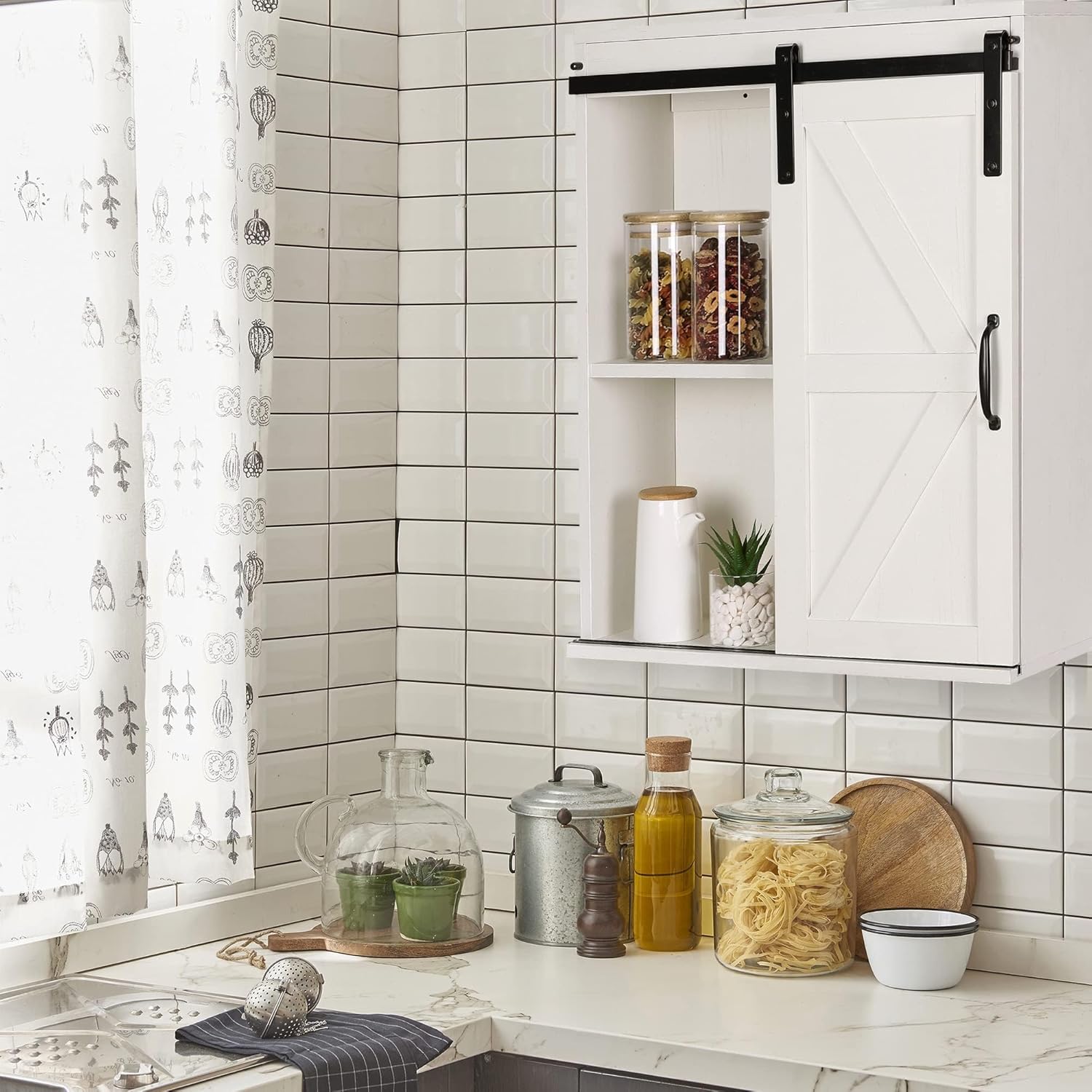 RUSTOWN Farmhouse Wood Wall Storage Bathroom Cabinet with Sliding Barn Door, Rustic Medicine Cabinet with Adjustable Shelf, 3-Tier Vintage Cabinet for Kitchen, Bathroom, Living Room (Vintage White)