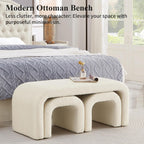 3-Piece Modern Ottoman Bench Set, 44" Wide Teddy Upholstered End of Bed Bench with 2 Foot Stools, Padded U-Shaped Entry Bench Vanity Stool for Living Room Bedroom (Cream)