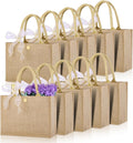 10pcs Burlap Tote Bag Set with Handles, Reusable Grocery Bags with Ribbon 13 x 9.5 x 4.7 Inch Waterproof Natural Jute Tote for Women Bridesmaid Gift Beach Shopping Wedding Travel DIY Embroidery