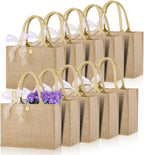 10pcs Burlap Tote Bag Set with Handles, Reusable Grocery Bags with Ribbon 13 x 9.5 x 4.7 Inch Waterproof Natural Jute Tote for Women Bridesmaid Gift Beach Shopping Wedding Travel DIY Embroidery