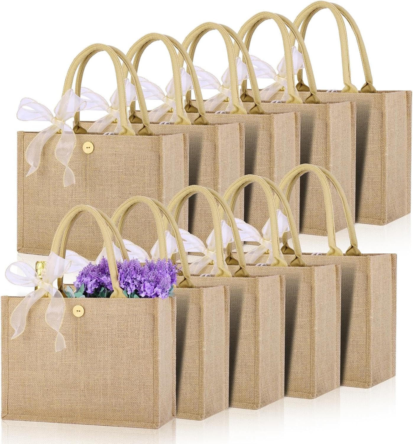 10pcs Burlap Tote Bag Set with Handles, Reusable Grocery Bags with Ribbon 13 x 9.5 x 4.7 Inch Waterproof Natural Jute Tote for Women Bridesmaid Gift Beach Shopping Wedding Travel DIY Embroidery