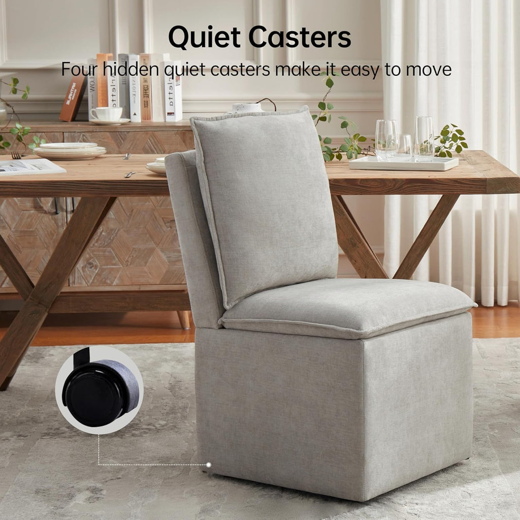 VKNOW Upholstered Dining Chairs, Modern Rolling Chairs with Storage and Wheels, Linen Armless Chair with Cushion and Backrest, Dining Room Chairs for Living Room Kitchen Bedroom, Light Grey