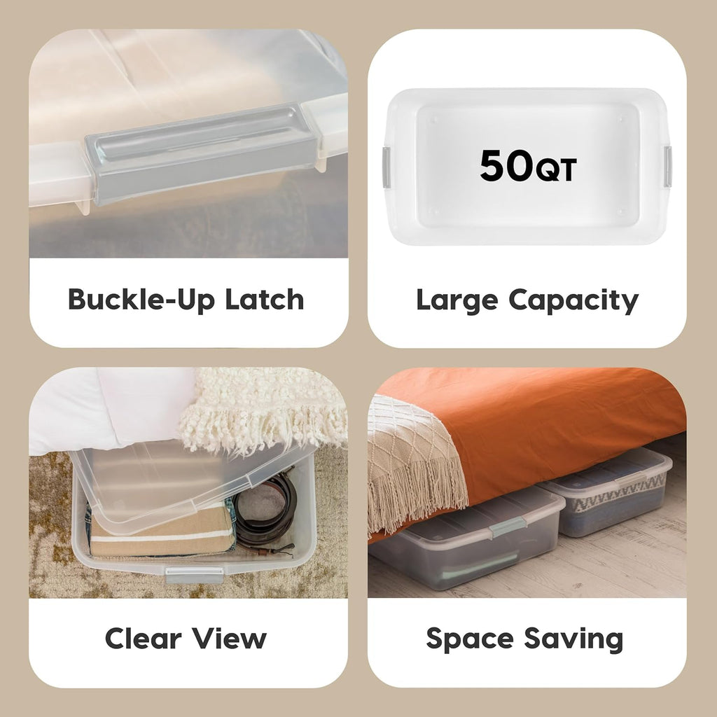IRIS USA 50 Qt Plastic Under Bed Storage Organizer Bin Container with Secure Lids and Durable Buckles, Multi-Purpose for Seasonal Holiday Items Bedding Clothes Shoes, Long, Clear