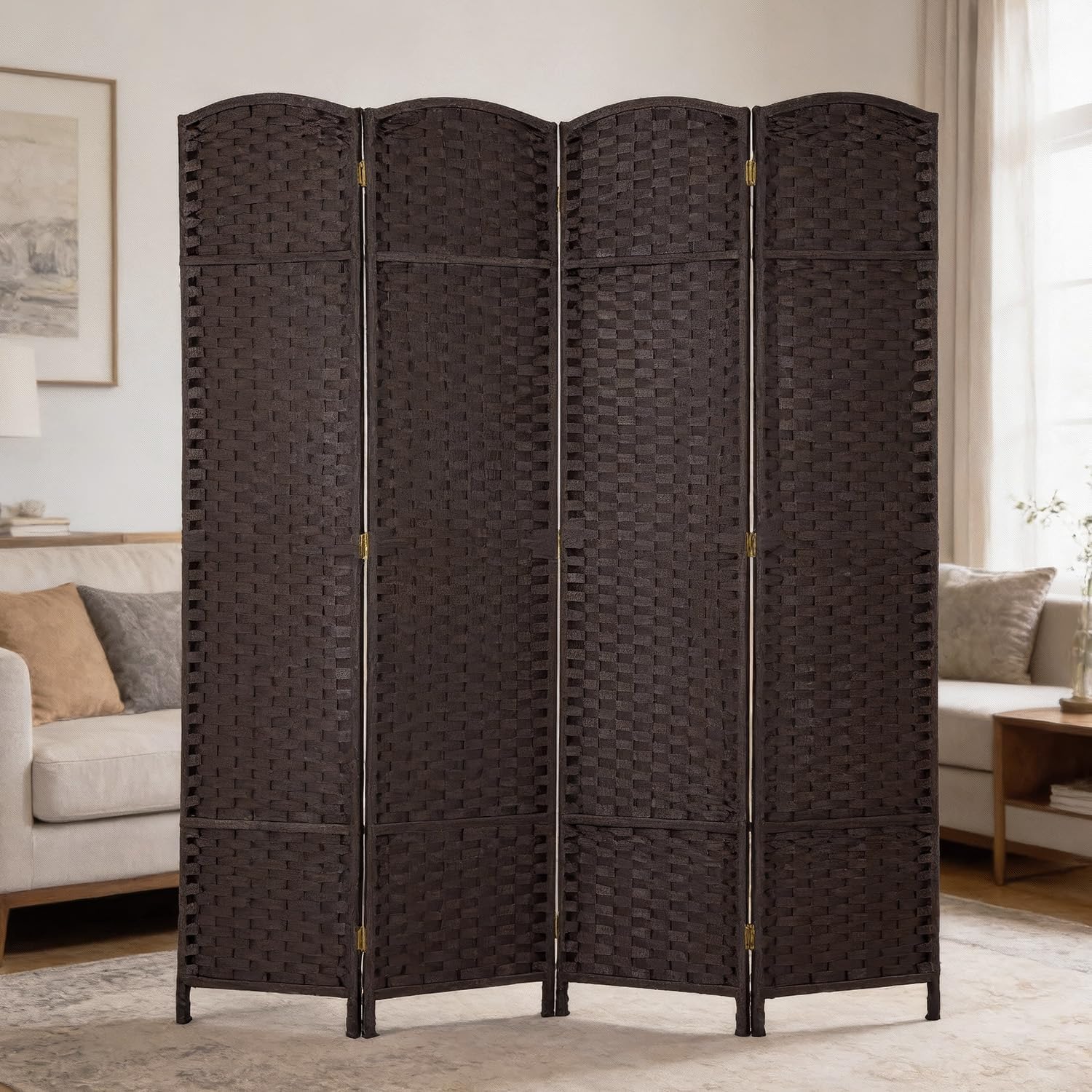 FDW Room Divider 4 Panel Screen 5.6 Ft Tall Partition Privacy Screens Folding Room Separation Free Standing Waterproof Wood Frame Wall Divider, Dark Brown