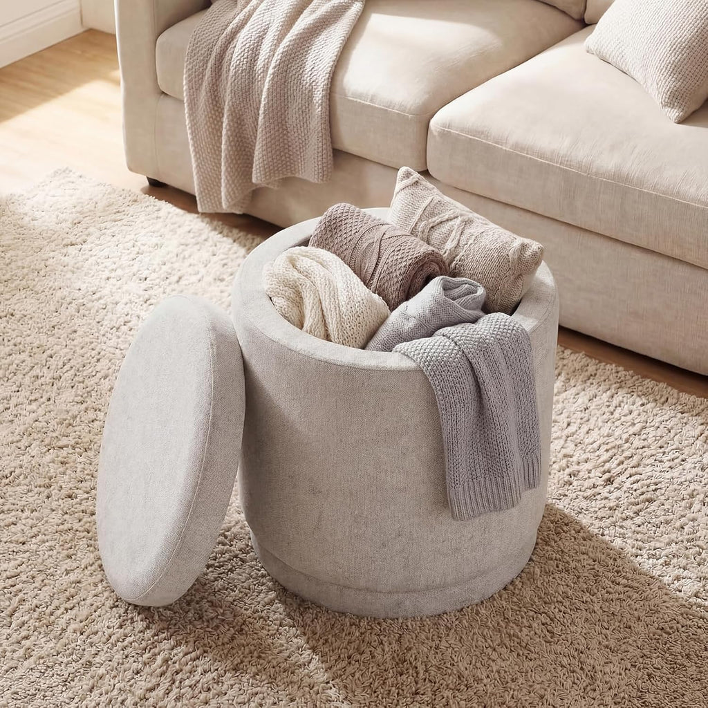Giantex Round Ottoman with Storage, Chenille Fabric Vanity Stool with Removable Lid, Acacia Wood Frame, Ottoman Foot Rest for Living Room, Bedroom, Makeup Room No Assembly (Beige)