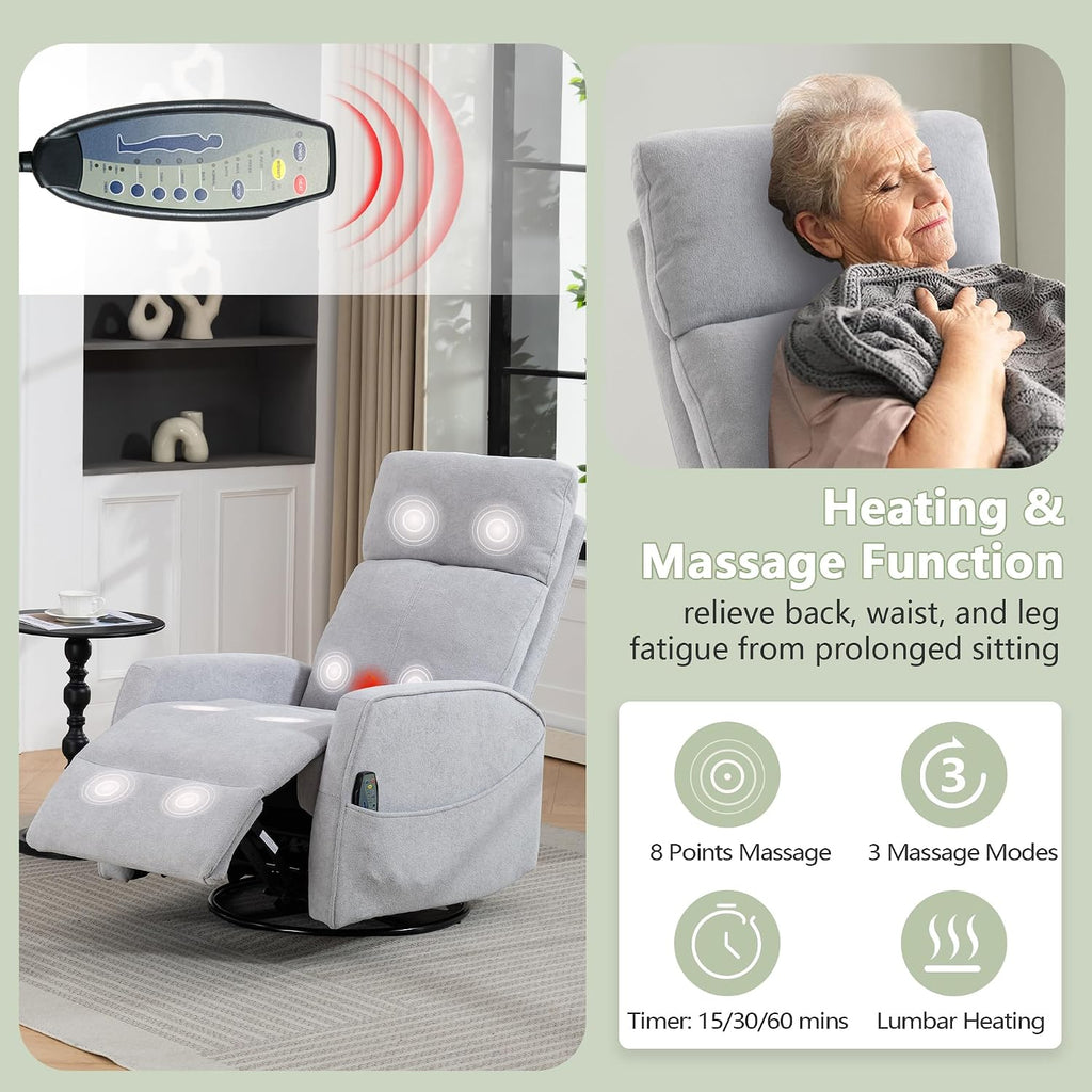 Heated Massage Swivel Rocker Recliner Chair for Nursery - Small Space Reclining Chair with Lumbar Support, 360° Swivel & Gentle Rocking, Ergonomic High Back Short Plush Light Grey
