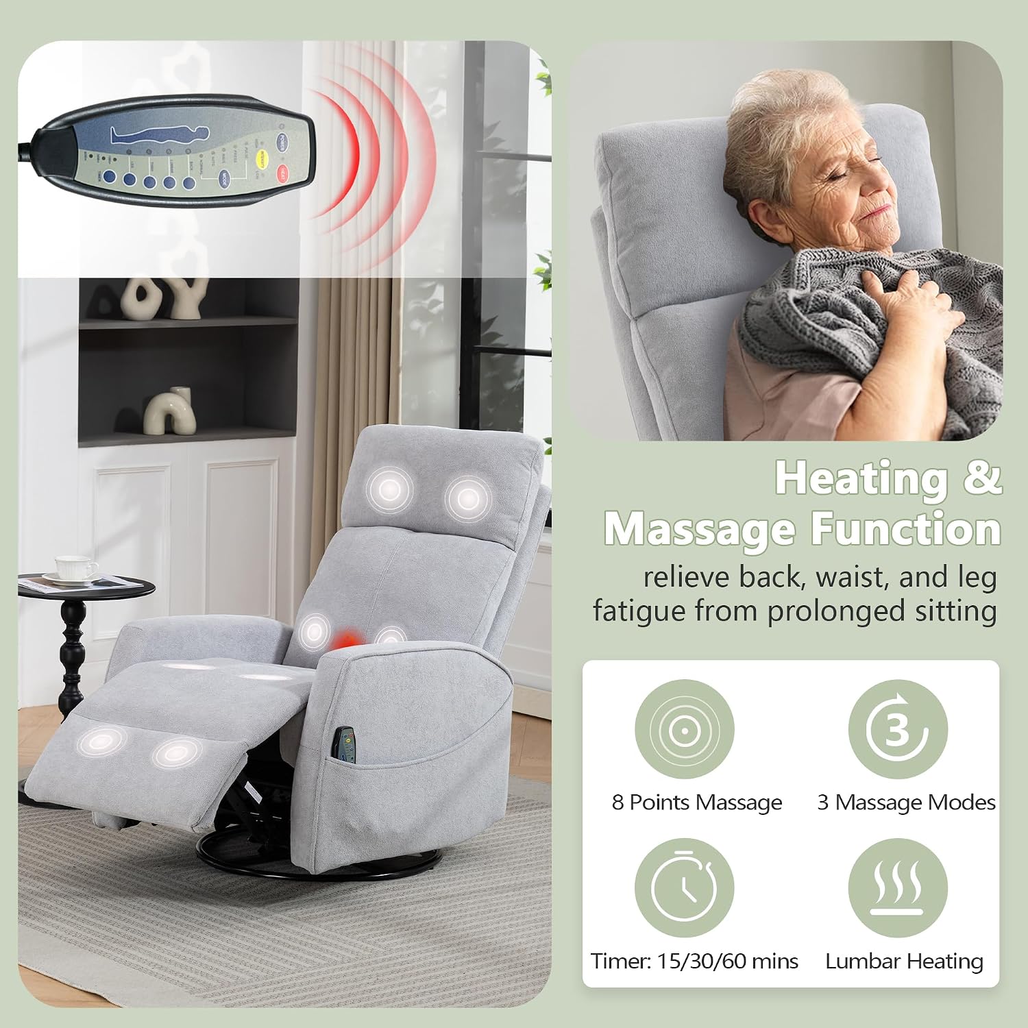 Heated Massage Swivel Rocker Recliner Chair for Nursery - Small Space Reclining Chair with Lumbar Support, 360° Swivel & Gentle Rocking, Ergonomic High Back Short Plush Light Grey