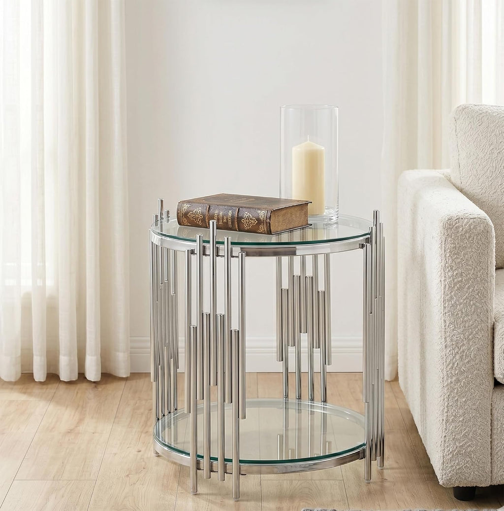 Modern Glass End Table, 19.69" Round Sofa Side Table with Silver Stainless Steel Frame and Clear Glass Top, Cocktail Tea Table, Luxury 2-Tier End Table with Storage Shelves for Home Office