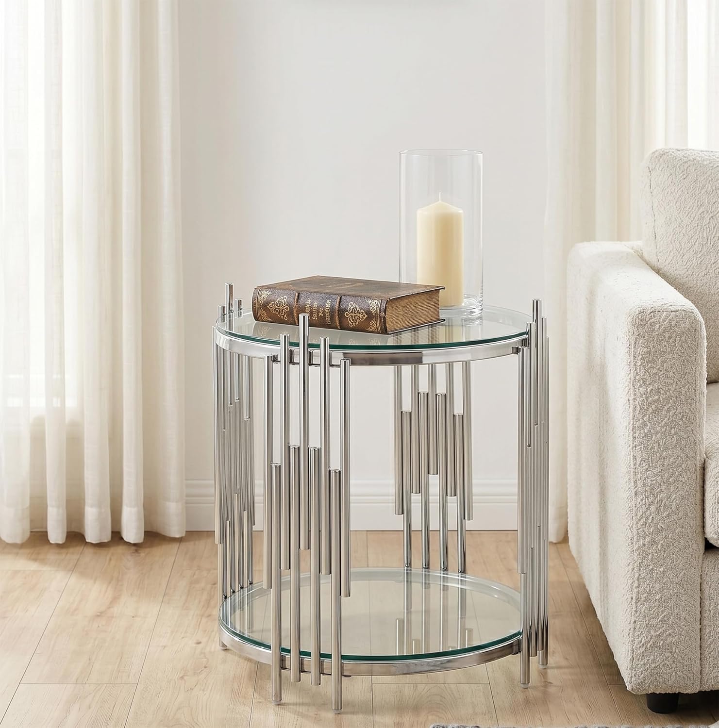 Modern Glass End Table, 19.69" Round Sofa Side Table with Silver Stainless Steel Frame and Clear Glass Top, Cocktail Tea Table, Luxury 2-Tier End Table with Storage Shelves for Home Office