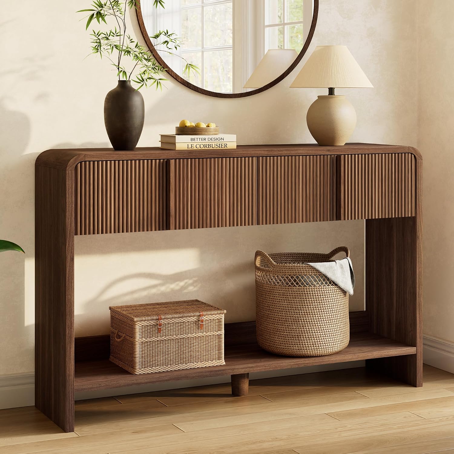 AMERLIFE 45" Fluted Console Table with 2 Drawers and Open Shelf, Modern Entryway Table with Rounded Edges, Wood Sofa Table for Hallway, Foyer, Behind Couch, Living Room, Brown