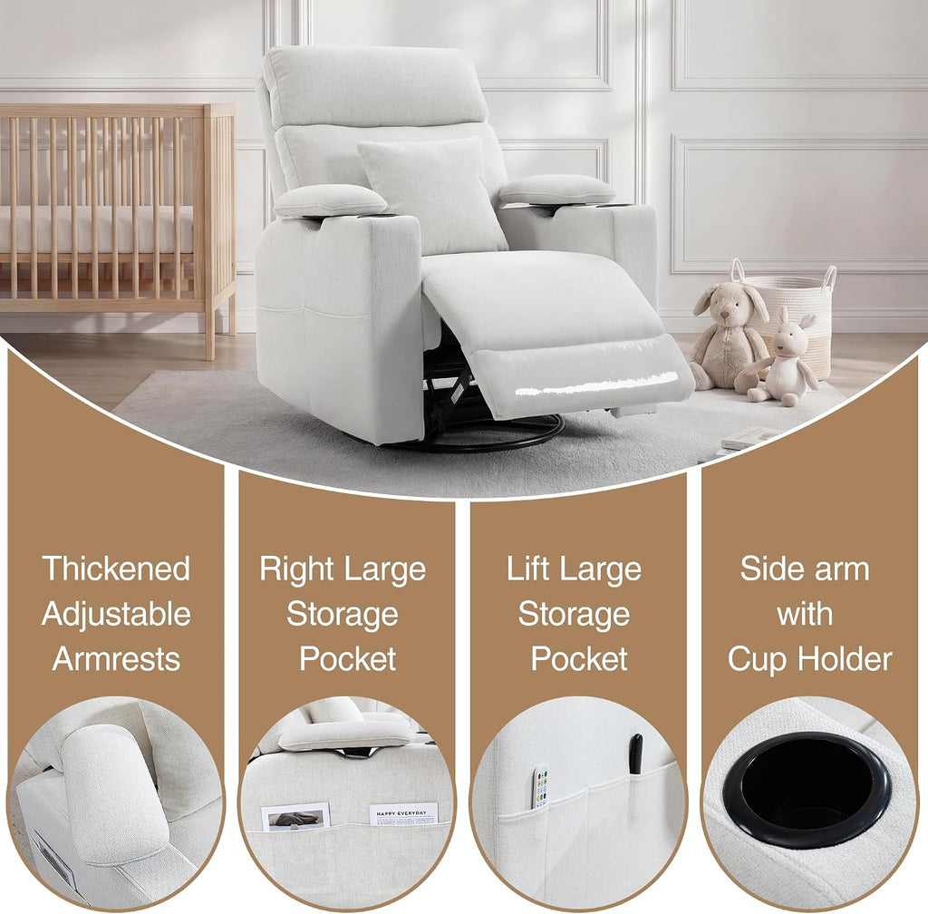 FiveWillowise 360° Rocker Recliner Chair with Adjustable Armrest&Headrest | Oversized Manual Nursery Glider with Cup Holder,Swivel Rocking Chairs for Breastfeeding,Living Room,Bedroom,Beige