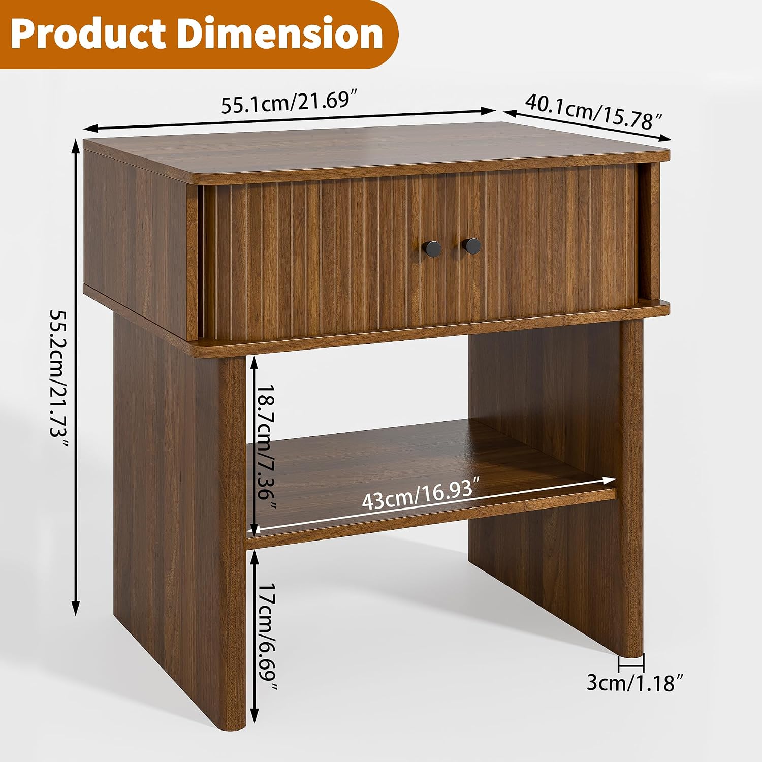 Nightstand with Fluted Sliding Door, 3-Tier Side Table with Hidden Cabinet and Open Storage, 21.7" Wide Modern End Table, for Living Room, Bedroom, Dorm, Spacious Desktop Space, Walnut Brown