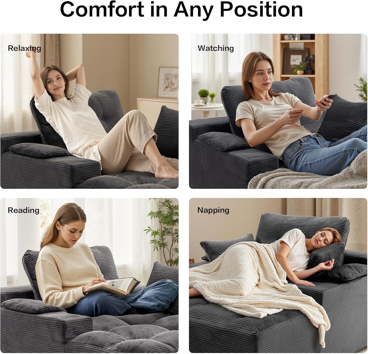 50" Oversized Boneless Chaise Lounge Chair Indoor, Plush Faux Fur Cloud Sofa Couch with Pillows, No Assembly Deep Seat Reading Chair Bed, Cozy Floor Couch for Living Room or Bedroom