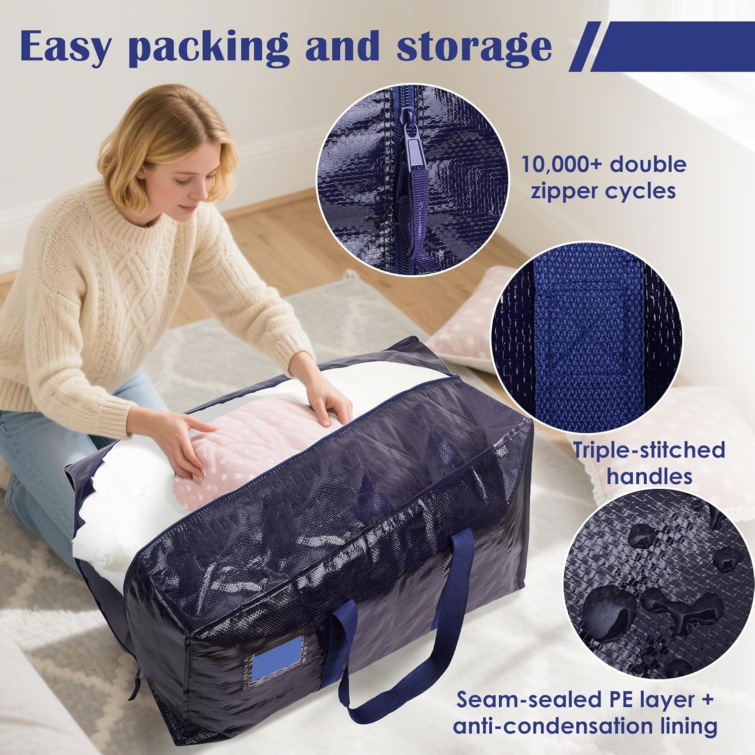 6 Pack Moving Bags Heavy Duty 210GSM with Full-Open Side Zipper, 93L 220lbs Waterproof Foldable Storage Totes for College Dorm Move-In, Moving Boxes Alternative & Home Organization, Blue