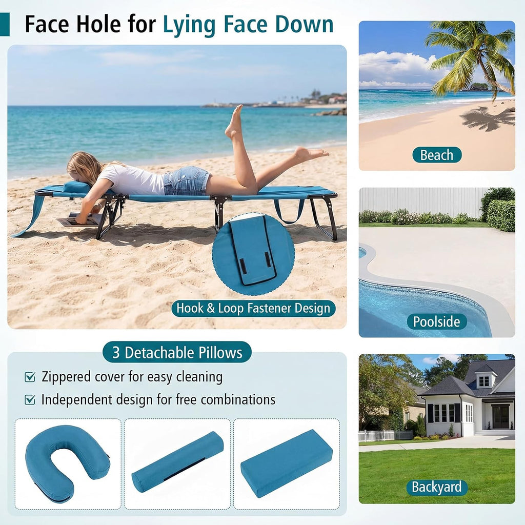 GYMAX Tanning Chair, Folding Lounge Chairs with Face Hole & Cover, Removable Pillow Carry Handle, Portable Compact Outdoor Layout Recliner for Beach, Poolside, Lawn, Patio, Camping (Blue,1)