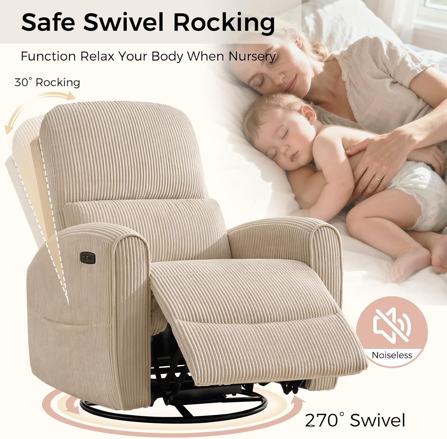 Power Swivel Rocker Recliner, Swivel Glider Nursery Electric Recliner Chair with Lumbar Support, Upholstered Rocking Recling Chairs for Adults Nursery, Living Room, Bedroom, Corduroy Camel