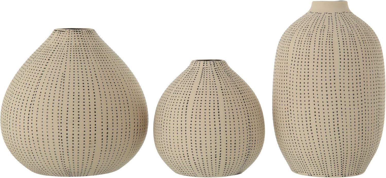 Creative Co-Op White Stoneware Vases with Textured Black Polka Dots (Set of 3 Sizes)
