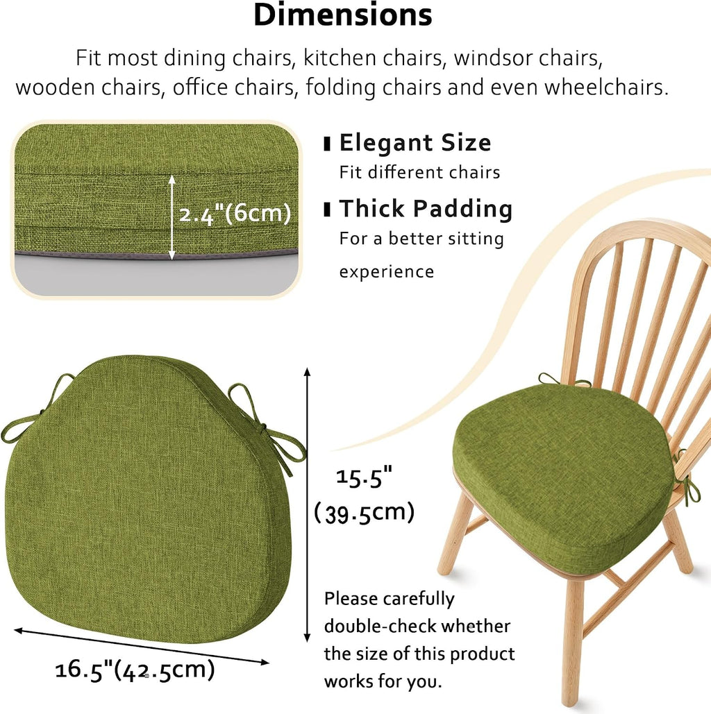 ELFJOY Chair Cushions for Dining Chairs 2.4 Inch Thick Windsor Seat Cushions for Kitchen Dining Room Non Slip Seat Pads with Removable Washable Cover and Ties Set of 2, Green(16.5"x15.5")