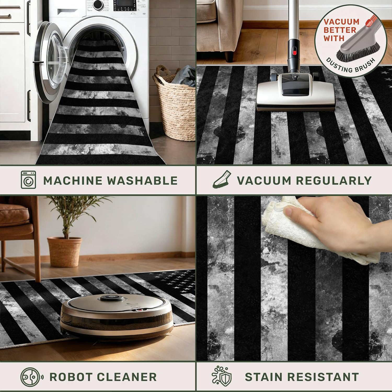USA American Flag Runner Rug 2x6ft, Vintage USA Stars Stripes Flag School Hallways Runner Rug, Black Kitchen Floor Mat, Non-Slip Washable Low Pile Carpet for Entryway Living Room Bedroom Playroom